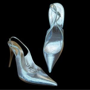 👠 Casadei Silver Metallic Superblade Slingback  Stiletto Pump Heels Size 5.5